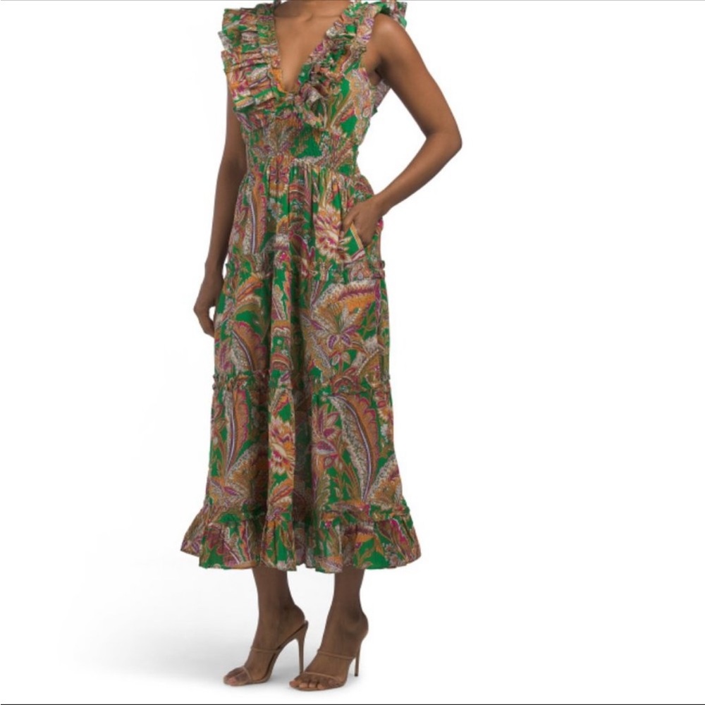 HOUSE OF HARLOW 1960 COTTON SMOCKED RUFFLE TIER HEM GREEN MAXI VNECK PRINT DRESS